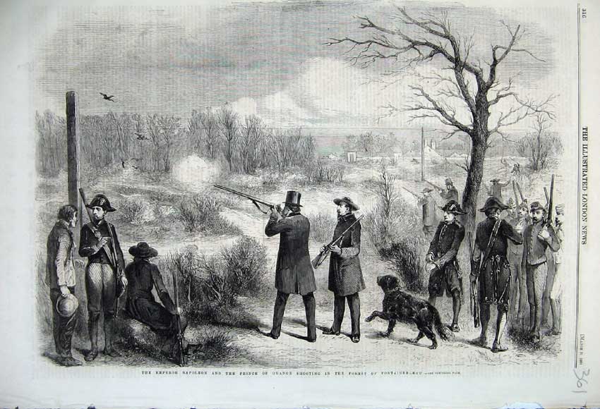 Original Old Antique Print 1860 Emperor Napoleon Prince Orange Shooting Forest