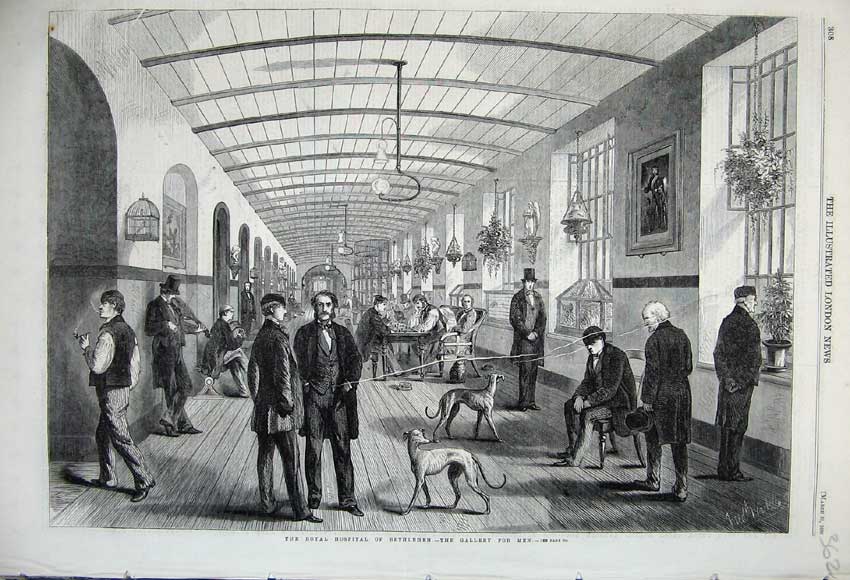 Original Old Antique Print 1860 Royal Hospital Bethlehem Gallery Men Dogs Games