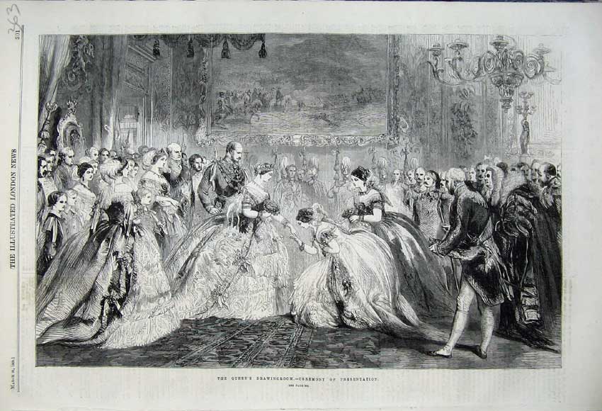 Original Old Antique Print 1860 Queen'S Drawingroom Ceremony Presentation Royal