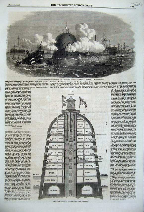 Original Old Antique Print 1860 Impregnable Iron Fortress Coast River Defence