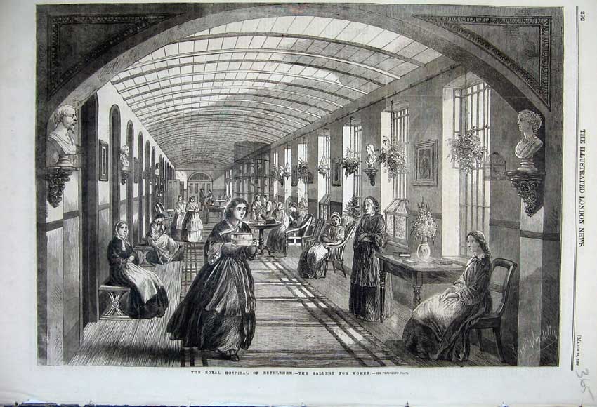 Original Old Antique Print 1860 Royal Hospital Bethlehem Gallery Women Ladies