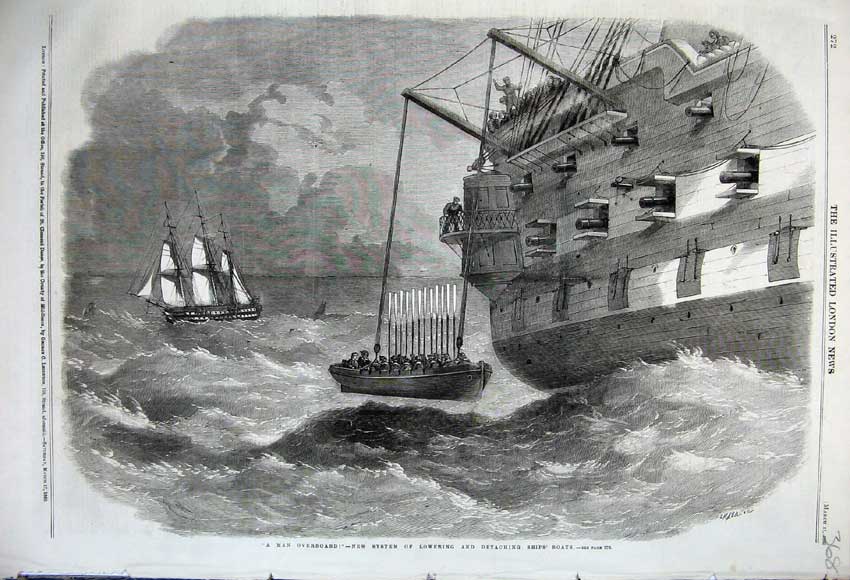 Original Old Antique Print 1860 New System Lowering Detaching Ships Life-Boats