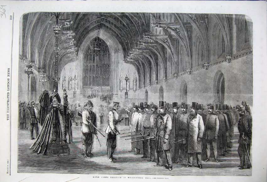 Original Old Antique Print 1860 Rifle Corps Practice Westminster Hall Army Sier