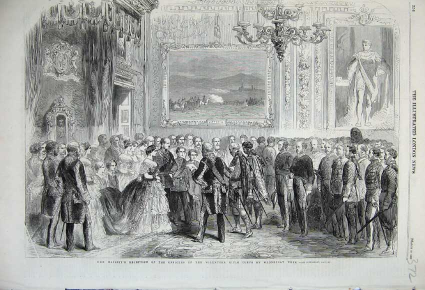Original Old Antique Print 1860 Queen Reception Officers Volunteers Rifle Corps