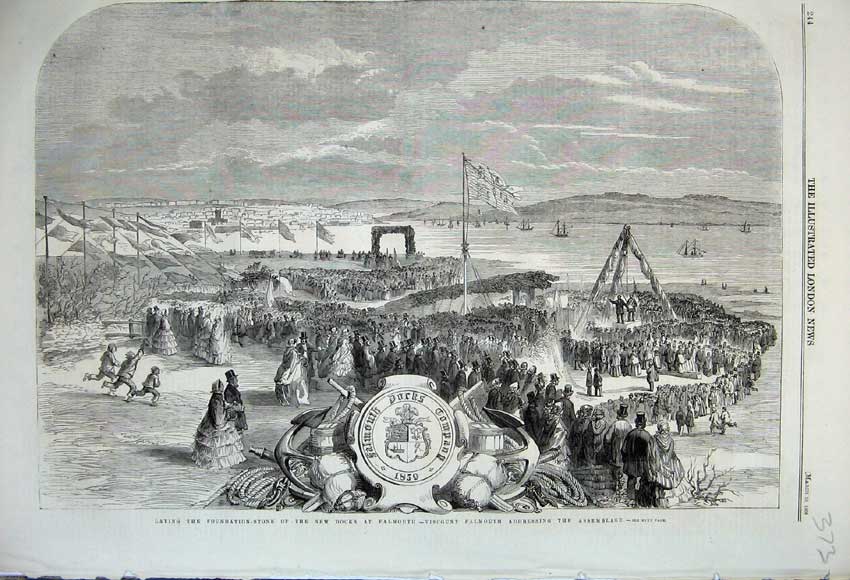 Original Old Antique Print 1860 Viscount Falmouth Docks Foundation Stone Ships