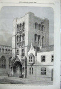 Old Antique Print 1860 Norman Tower Bury Edmonds Buildings Church Piper 19th
