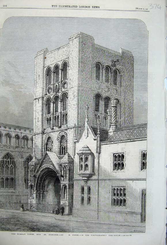 Old Antique Print 1860 Norman Tower Bury Edmonds Buildings Church Piper 19th
