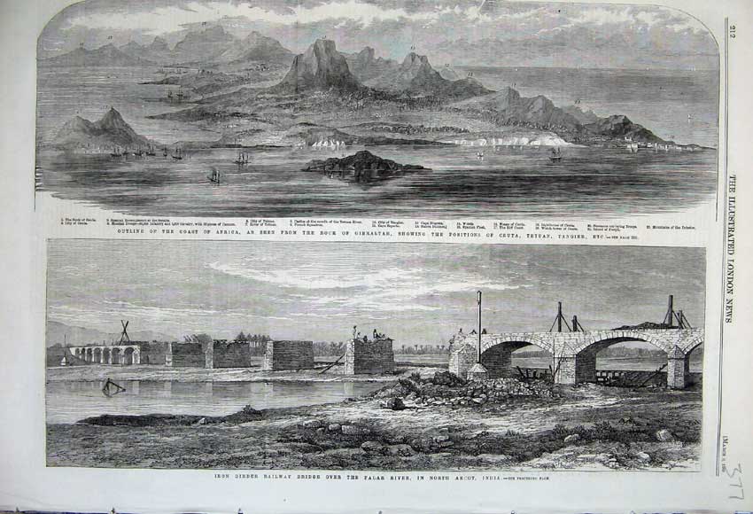 Original Old Antique Print 1860 Girder Railway Bridge Palar River India Africa
