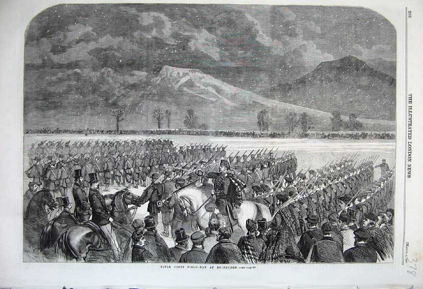 Old Antique Print 1860 Rifle Corps Field-Day Edinburgh Scotland Army War 19th