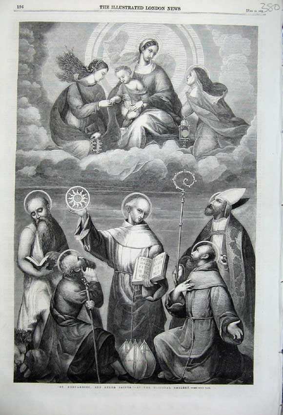 Old Antique Print 1860 St Bernardino Saints Angels Clouds Holy Priest Men 19th