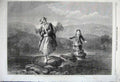 Old Antique Print 1860 Woman Hay Grass Little Girl Stepping Stones River 19th