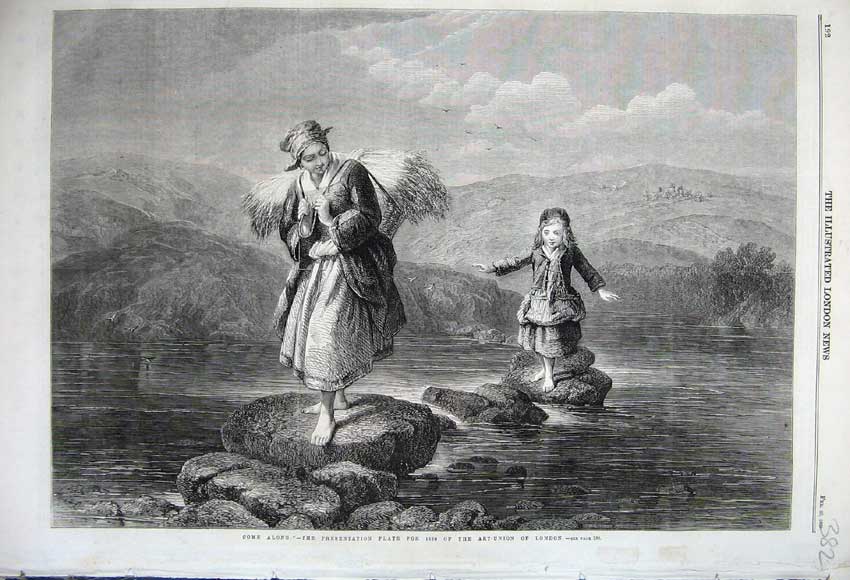 Old Antique Print 1860 Woman Hay Grass Little Girl Stepping Stones River 19th