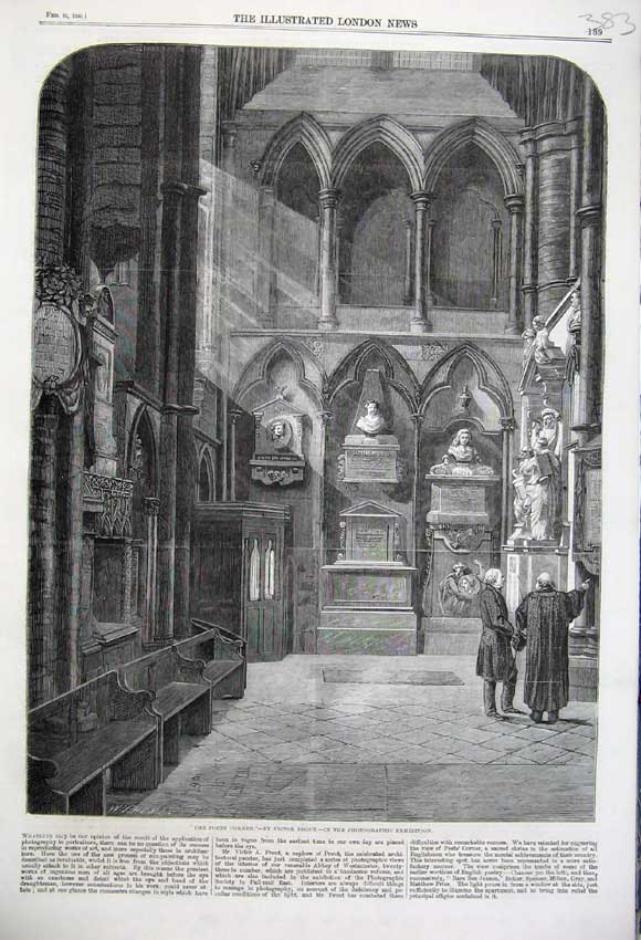 Old Antique Print 1860 Poets Corner Interior Church Statues Victor Prout 19th