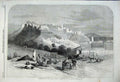 Original Old Antique Print 1860 Tangier Camel Market Castle Men Mountains Tower