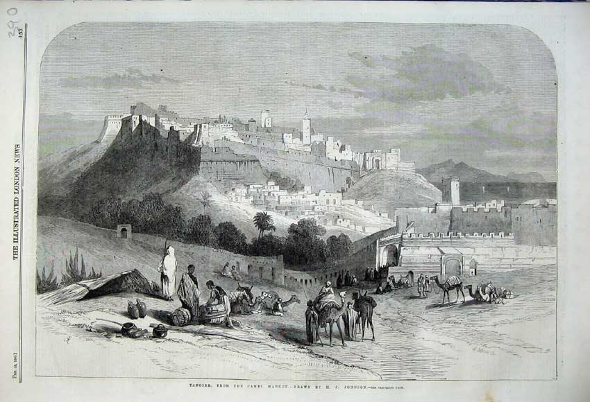 Original Old Antique Print 1860 Tangier Camel Market Castle Men Mountains Tower