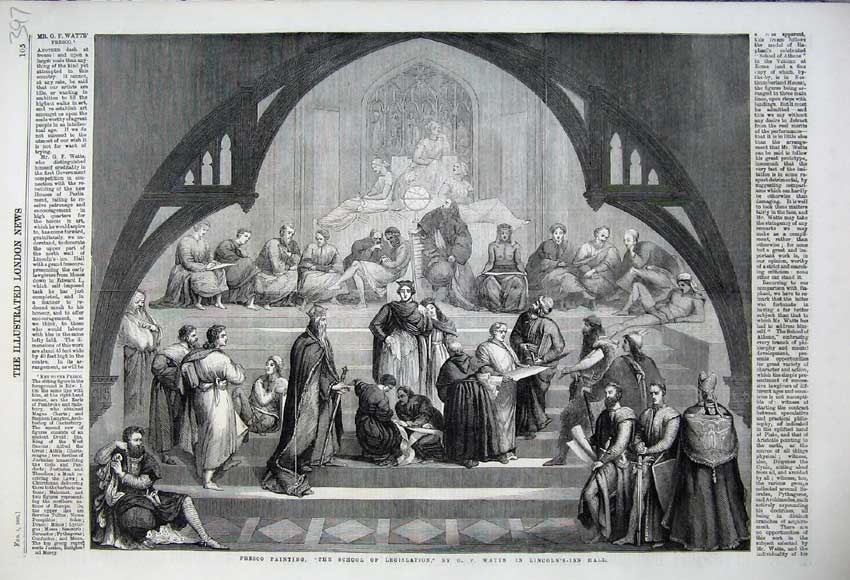 Original Old Antique Print 1860 Fresco Painting School Legislation Lincoln Hall