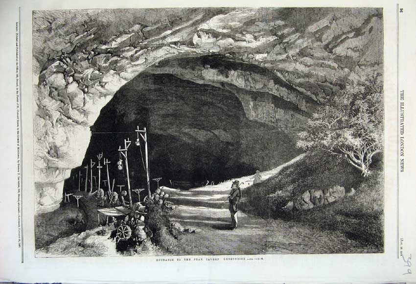 Original Old Antique Print 1860 View Entrance Peak Cavern Derbyshire England