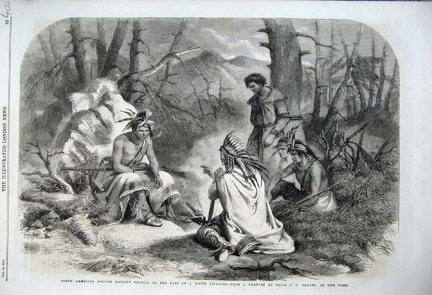 Old Antique Print 1860 American Indians Council Fate White Prisoners War 19th