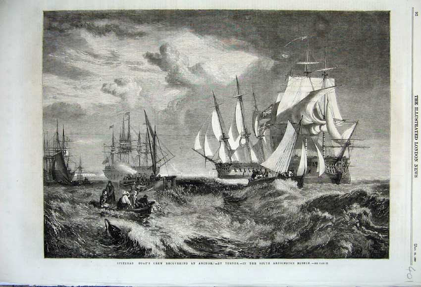 Old Antique Print 1860 Spithead Boat Recovering Anchor Sailing Ship Sea 19th