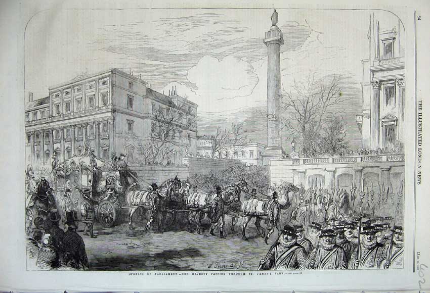 Old Antique Print 1860 Parliament Queen Passing Through James Park Coach 19th