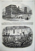 Original Old Antique Print 1860 Ruins Swallow-Street Factory Blackburn Interior