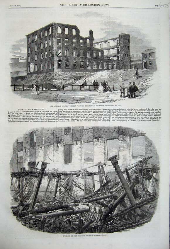 Original Old Antique Print 1860 Ruins Swallow-Street Factory Blackburn Interior