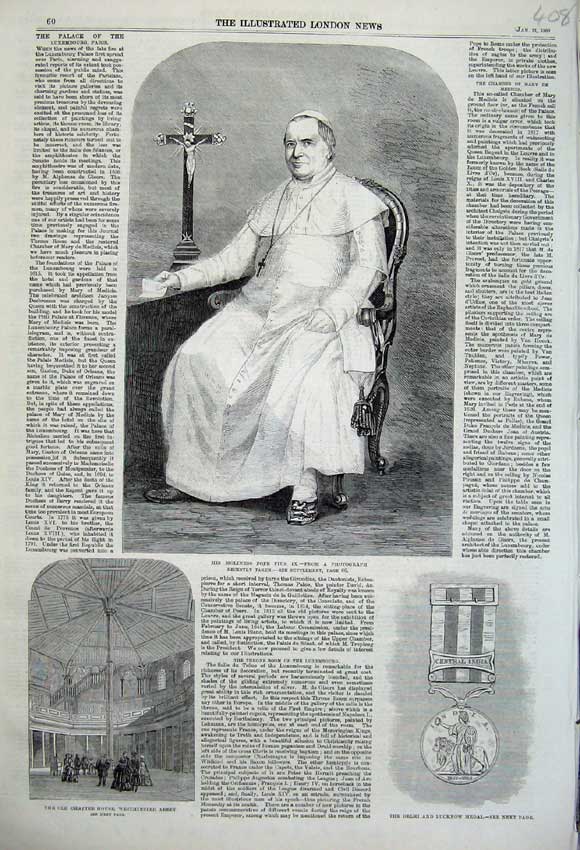 Old Antique Print 1860 Holiness Pope Pius Chapter Westminster Abbey Medal 19th