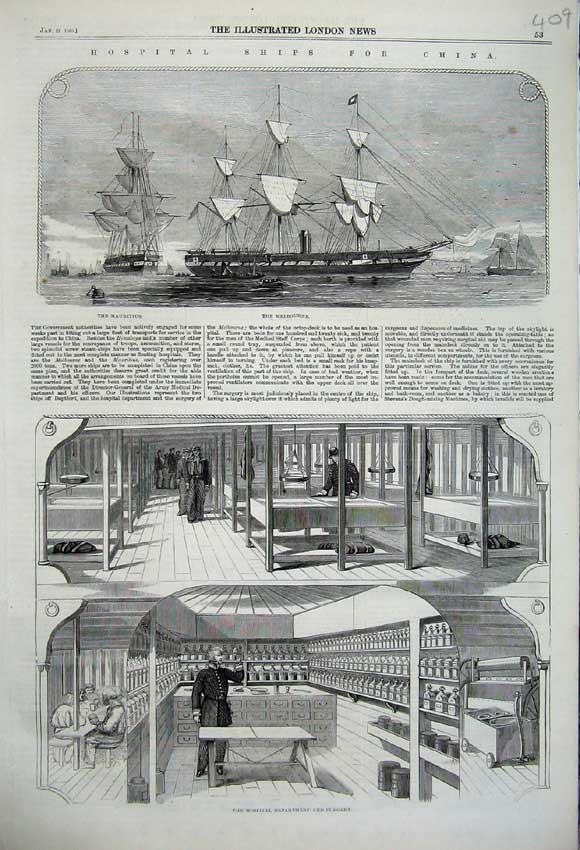 Old Antique Print 1860 Hospital Ship Melbourne China Surgery Department 19th