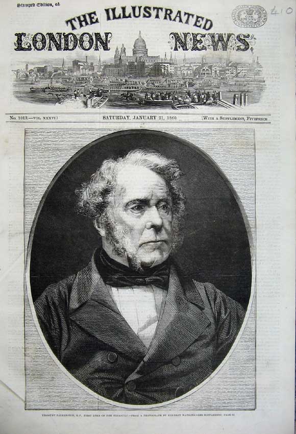Original Old Antique Print 1860 Portrait Viscount Palmerston Lord Treasury Man