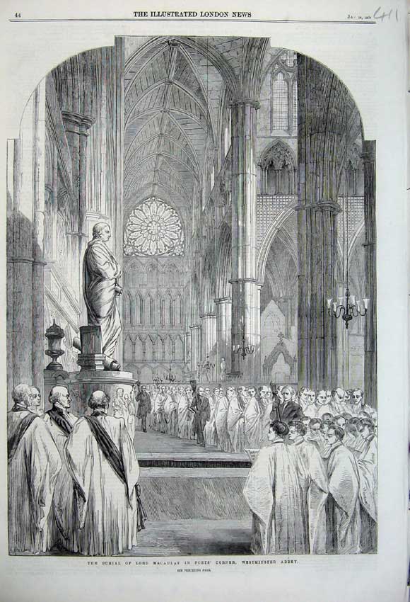 Old Antique Print 1860 Burial Lord Macauly Poets Corner Westminster Abbey 19th