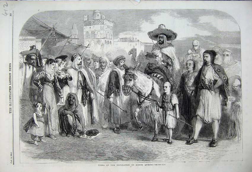 Original Old Antique Print 1860 Types Population North Africa People Donkey