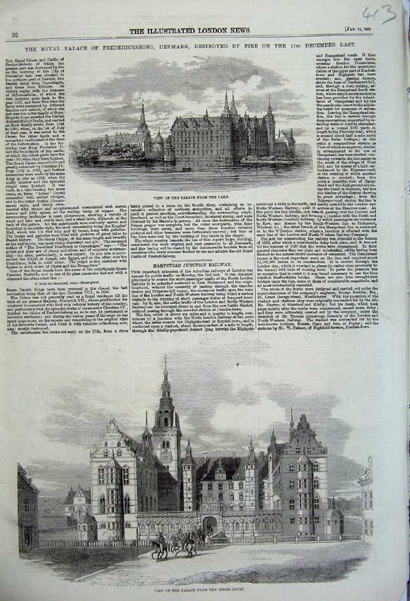 Original Old Antique Print 1860 Palace Fredericksborg Denmark Inner Court Lake