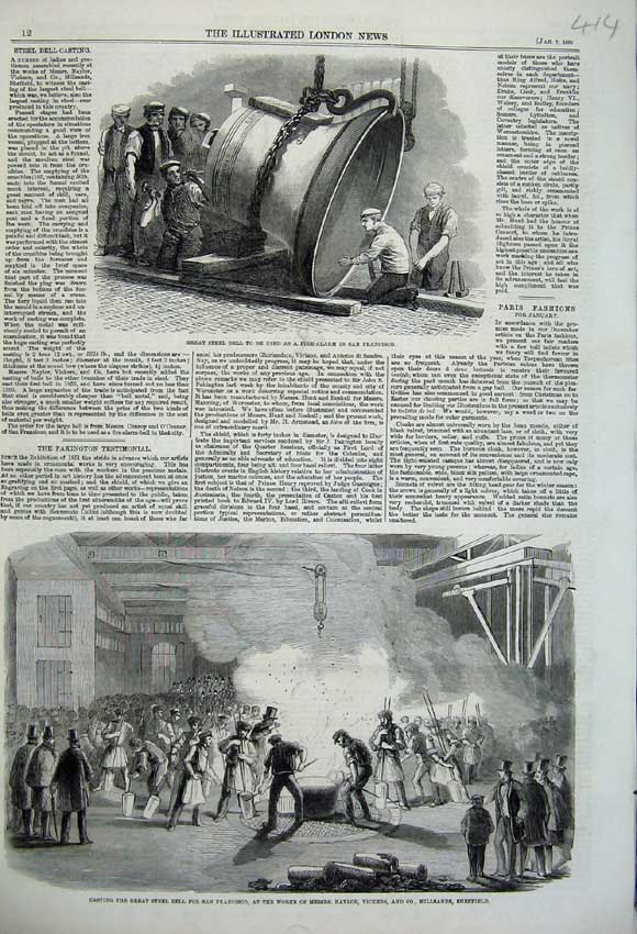 Old Antique Print 1860 Great Steel Bell San Francisco Naylor Fire Alarm 19th