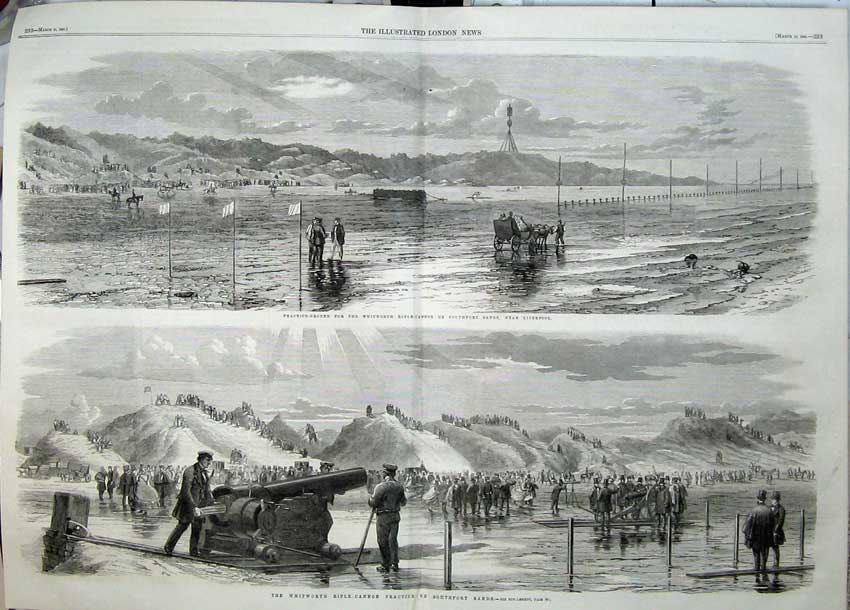 Old Antique Print 1860 Whitworth Rifle Cannon Southport Sands Practice 19th