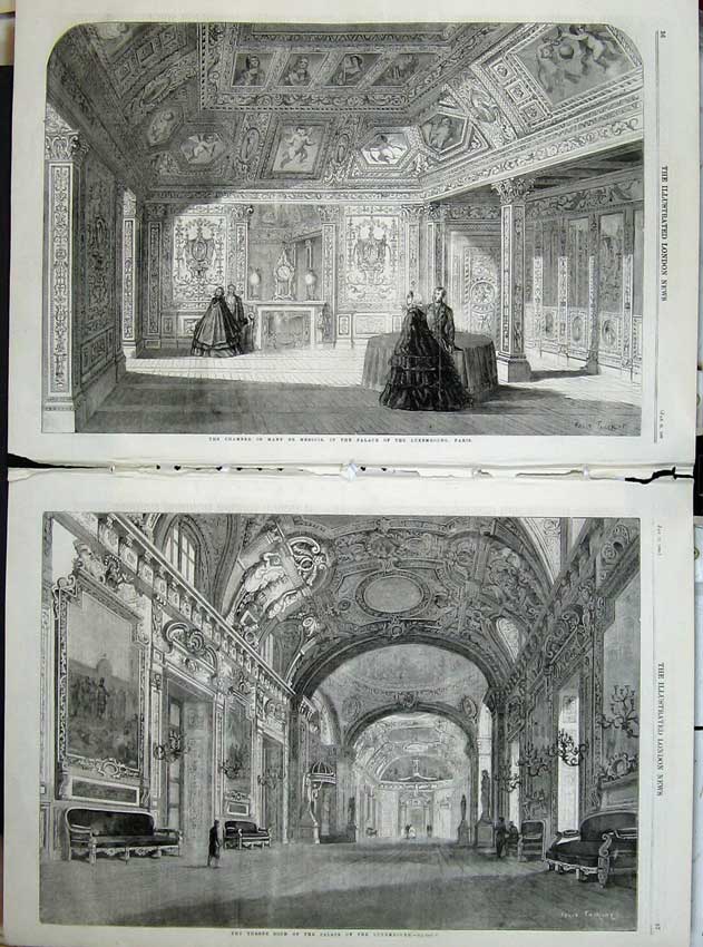 Old Antique Print 1860 Throne Room Palace Luxembourg Chamber Mary Paris 19th