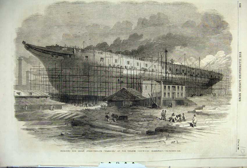 Original Old Antique Print 1860 Building Steam Frigate Ship Warrior Blackwall