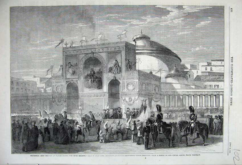 Original Old Antique Print 1860 Triumphal Arch Naples Victor Emmanuel Musicians
