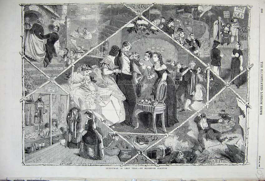 Old Antique Print 1860 Christmas Leap Year Romance British Museum Comedy 19th
