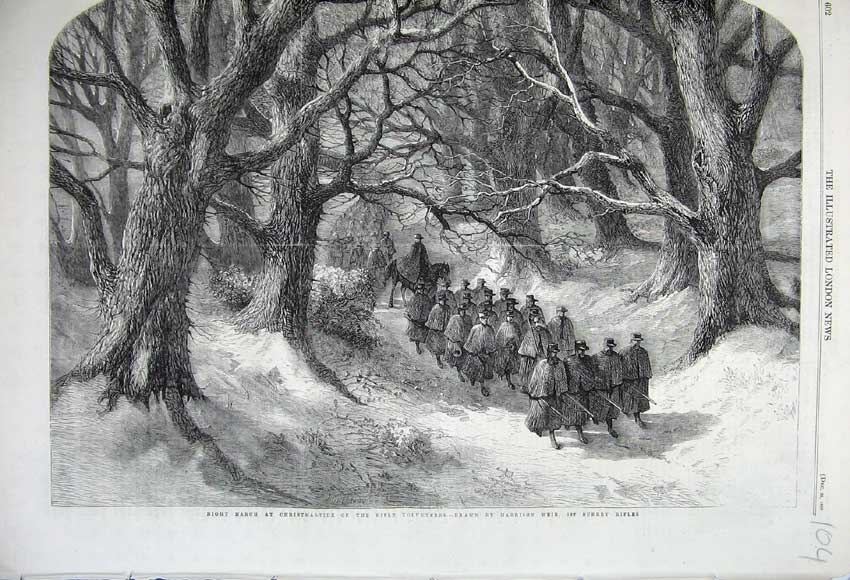 Original Old Antique Print 1860 Night March Christmas Rifle Volunteers Siers