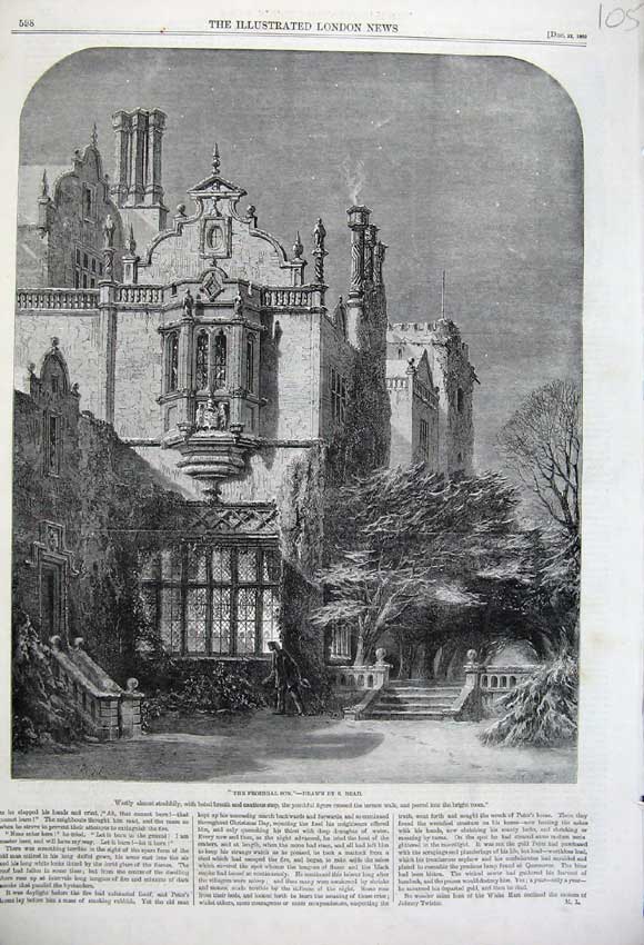Original Old Antique Print 1860 Prodigal Son Castle Night Stars Trees Building
