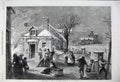 Original Old Antique Print 1860 House Fire Christmas Eve Snow Ice Family Church