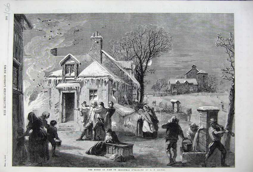 Original Old Antique Print 1860 House Fire Christmas Eve Snow Ice Family Church