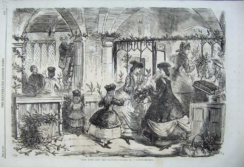 Old Antique Print 1860 Font Flowers Church Holly Christmas Children Lady 19th