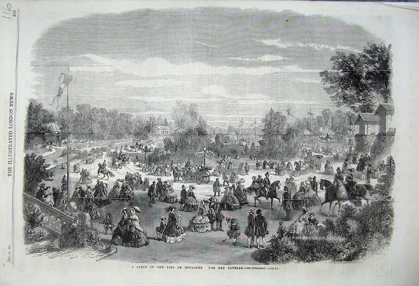 Old Antique Print 1860 Scene Bois De Boulogne Pre Catelan Families Horses 19th