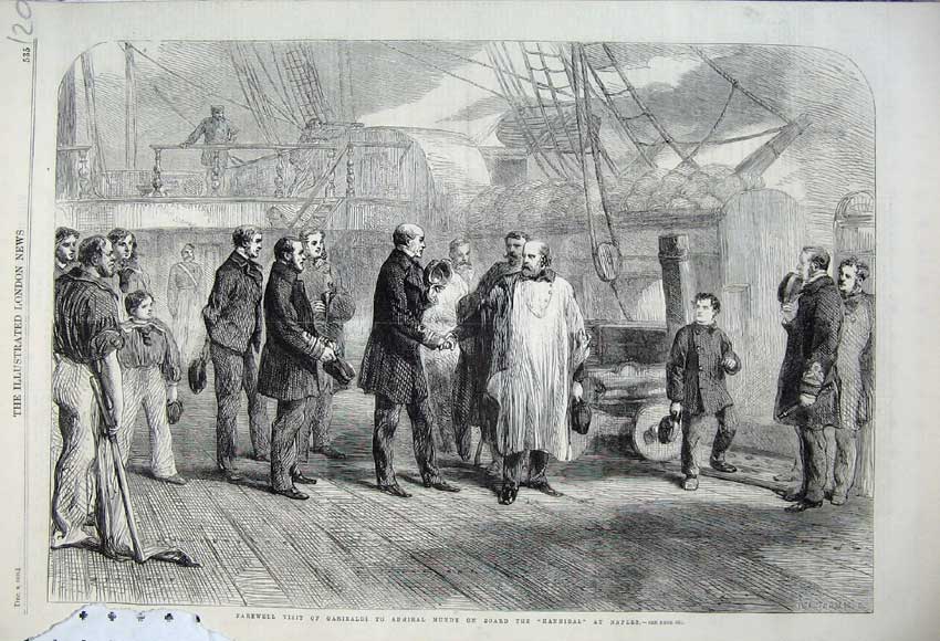 Old Antique Print 1860 Garibaldi Admiral Mundy Hannibal Ship Naples War 19th