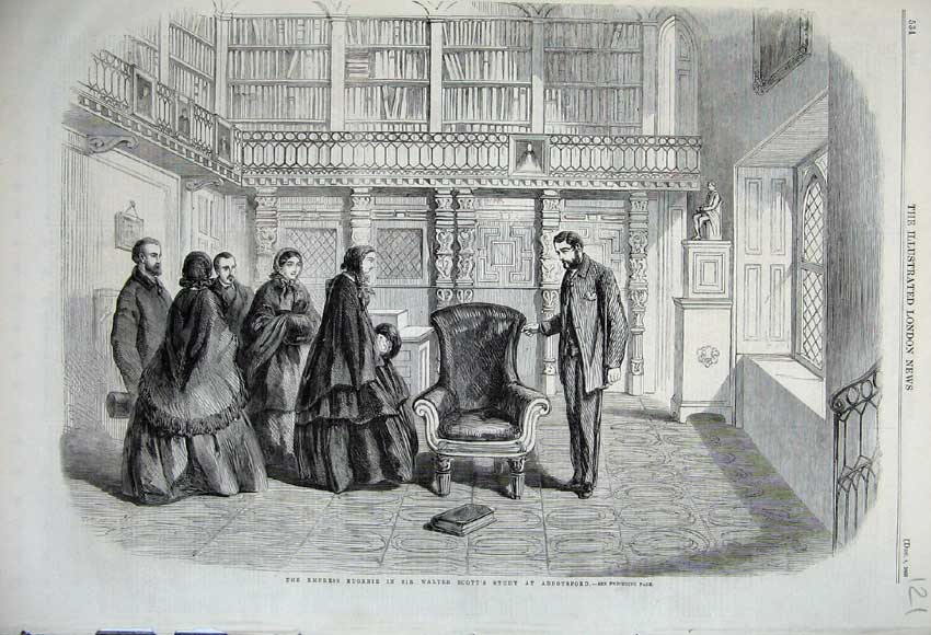 Old Antique Print 1860 Empress Eugenie Sir Walter Scott Study Abbotsford 19th