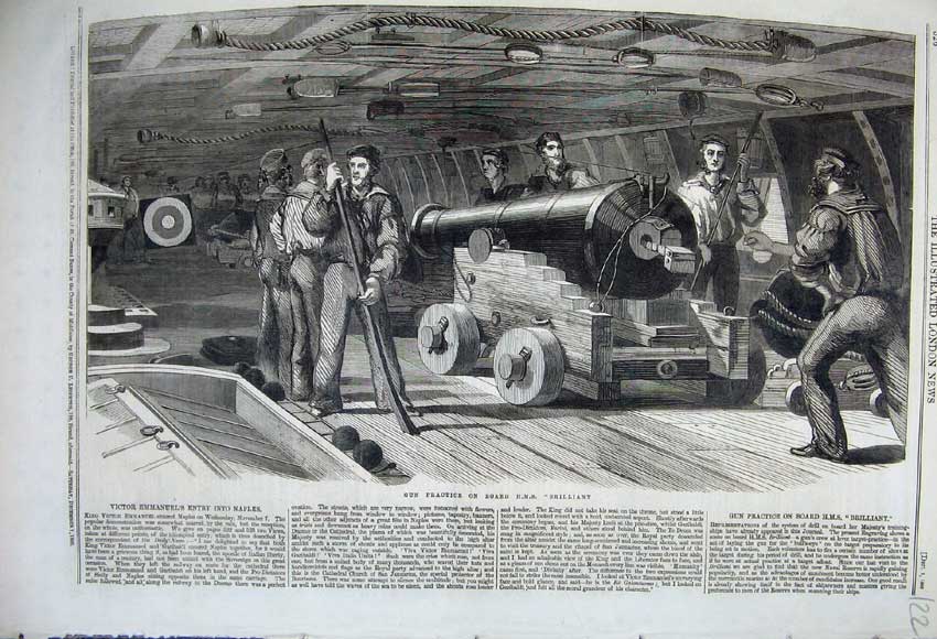 Old Antique Print 1860 Gun Practice H. M. S Brilliant Ship Canon War Army 19th