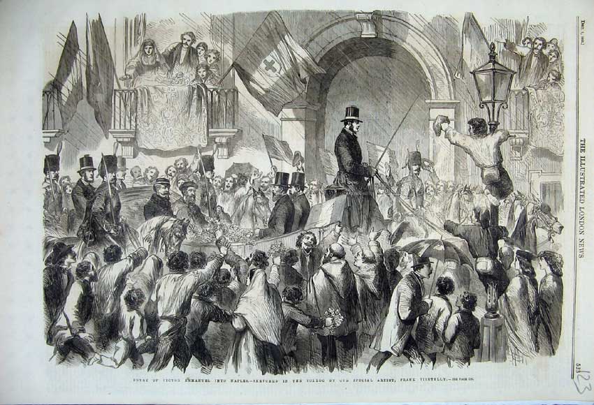 Original Old Antique Print 1860 Victor Emmanuel Naples Toledo Horse Coach War