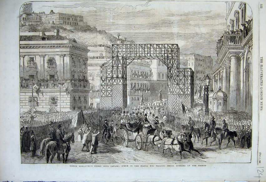 Original Old Antique Print 1860 Victor Emmanuel Naples Piazza Del Palazzo Reale