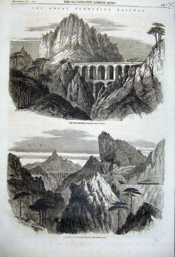 Old Antique Print 1860 Bollerswand Viaduct Railway Tunnel Weinzettelwand 19th
